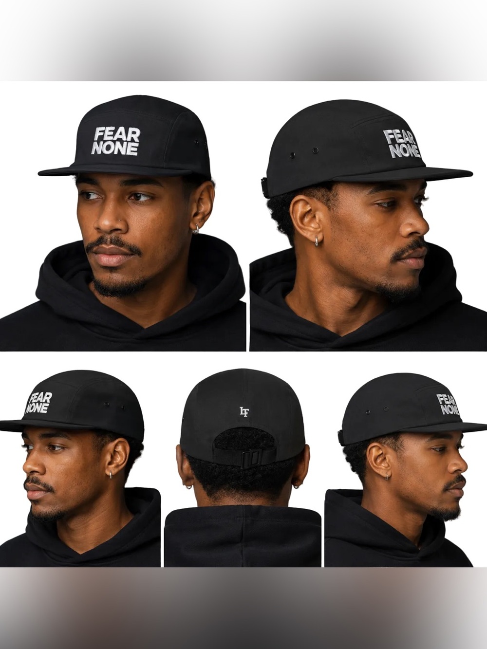 FEAR NONE Black Five-Panel Camp Hat
